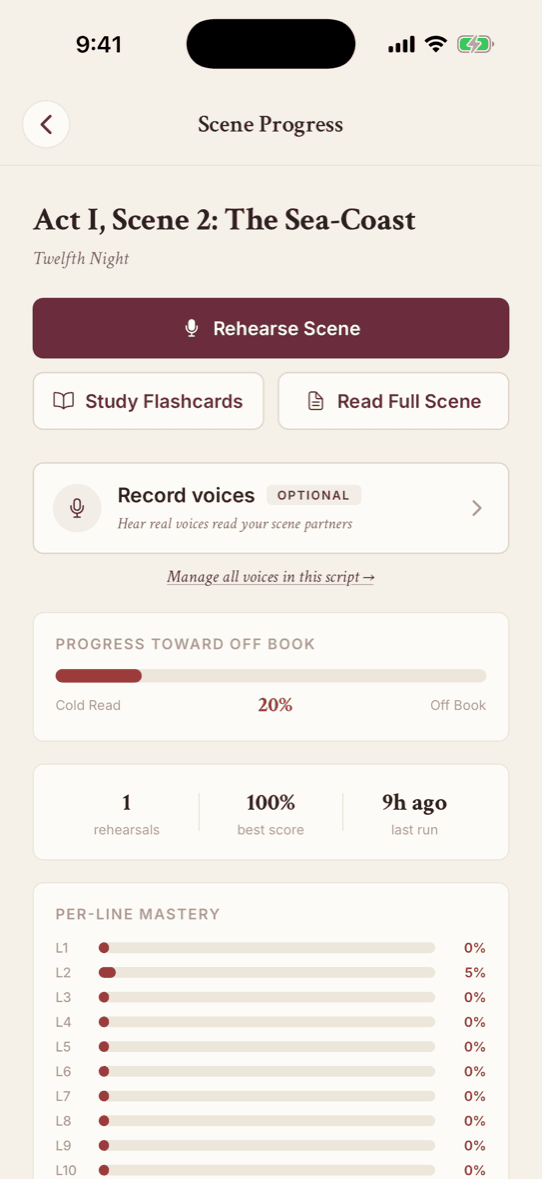 Scene progress and off book tracking in Call for Line